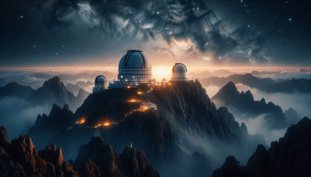 Astronomical observatory at sunrise in the mountains. Mixed media