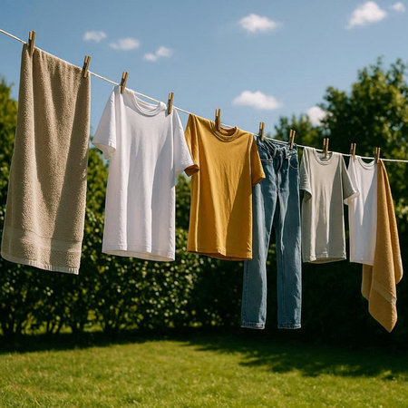 Laundry hanging on clothesline in sunny summer day. Clothes drying outdoors.