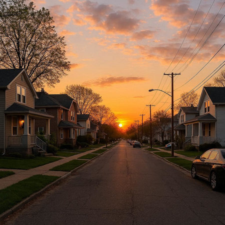 Sunset over a paved street in a suburban neighborhood in Pennsylvania.