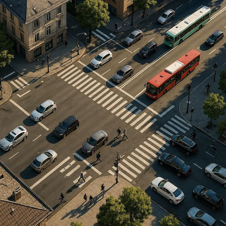 Aerial view of a city street with cars and pedestrians crossing it