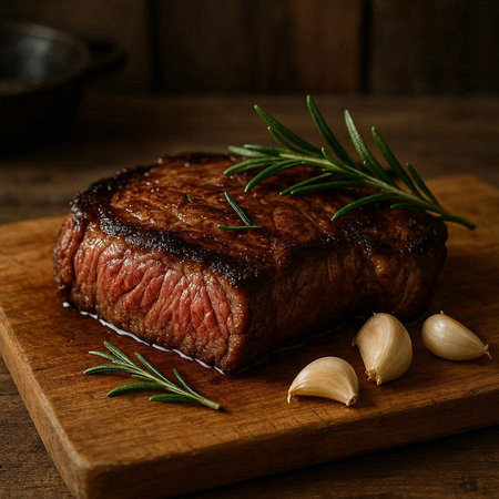 Grilled beef steak with rosemary and garlic on wooden cutting board