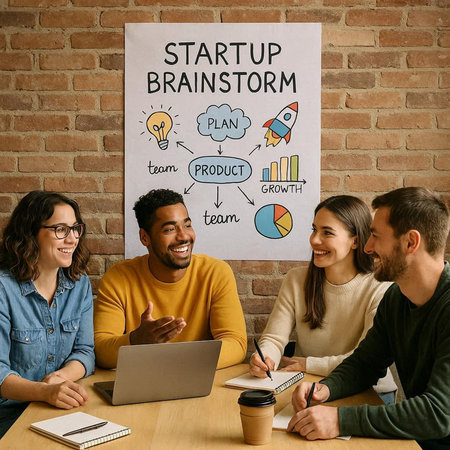 Startup Brainstorming. Group of young business people working together at office.