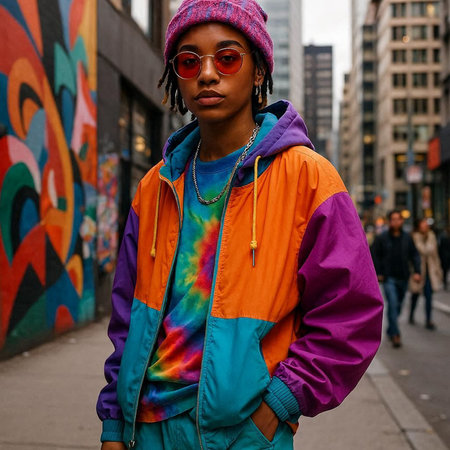Fashionable african american woman with dreadlocks in a colorful raincoat on a city street.
