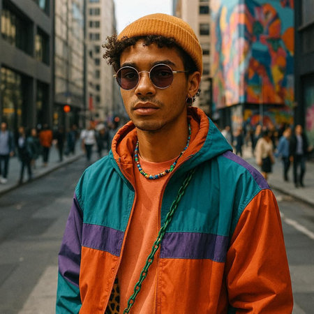 Fashionable man poses outside Gucci fashion show building for Milan Women's Fashion Week in Milan.