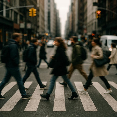 Busy city street with people crossing a pedestrian crossing, motion blur