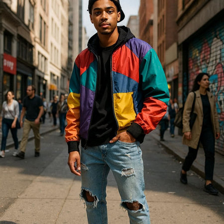 Fashionable man poses outside Gucci fashion show building for Milan Women's Fashion Week in Milan.