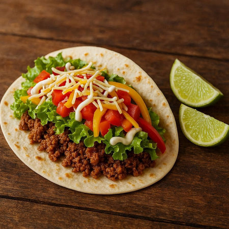 Mexican tacos with minced meat, fresh vegetables and lime on wooden background