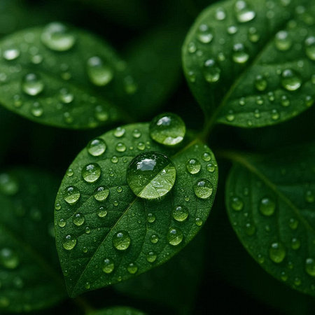 Water drops on green leaves. Nature background. Shallow depth of field.