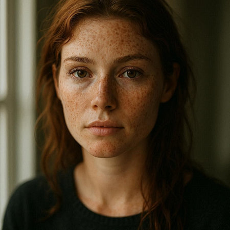 Portrait of a red-haired girl with freckles on her face