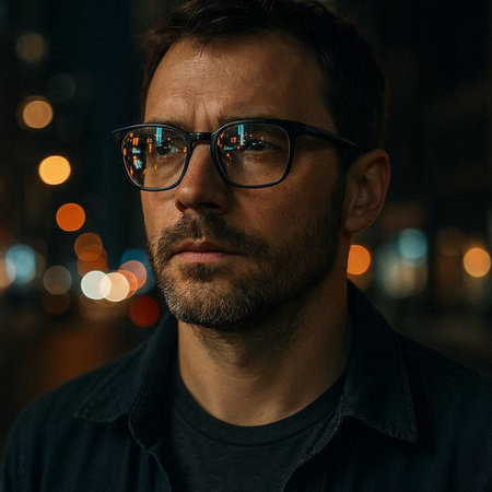 Portrait of a man in glasses against the background of the night city