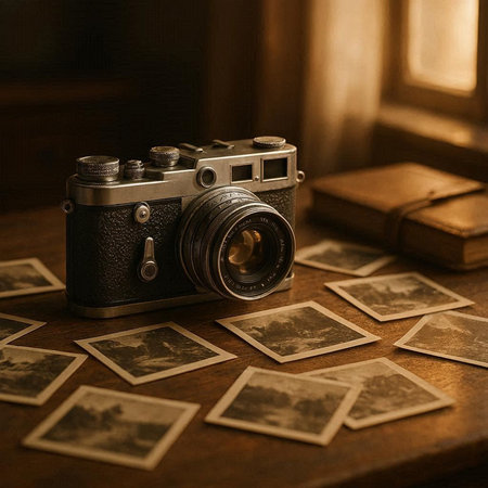 Vintage camera and old photos on a wooden table. Retro style