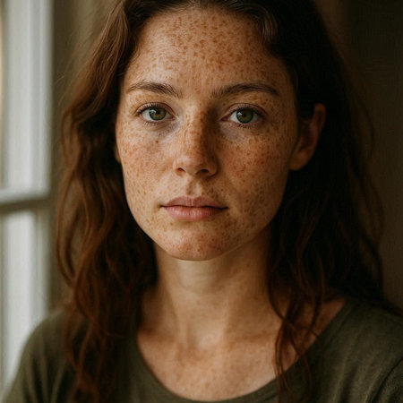 Portrait of a young woman with freckles on her face