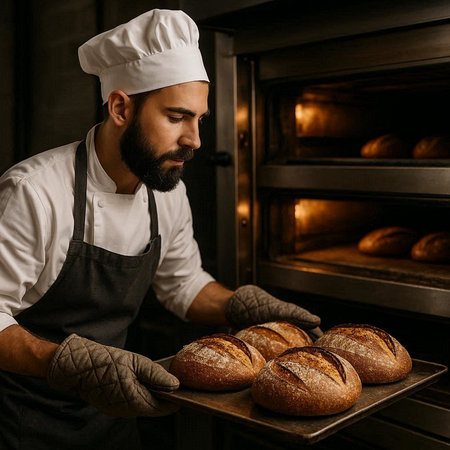 Male baker holding freshly baked bread on a baking tray in a bakery