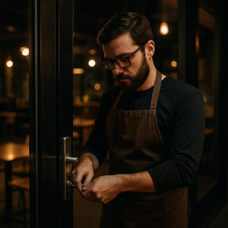 Portrait of a handsome bearded man in apron and eyeglasses opening the door.