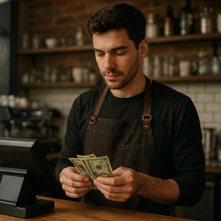 Handsome young barista counting money at counter in coffee shop