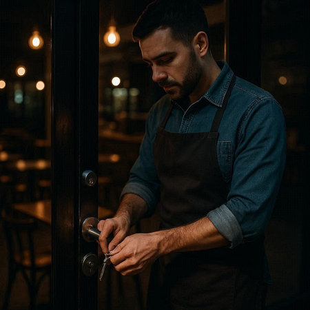 Handsome barista opening the door of a coffee shop.