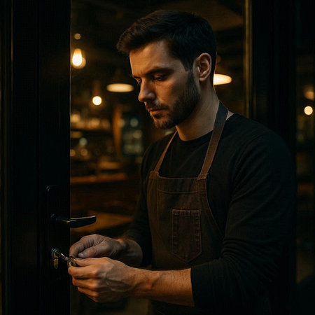 Portrait of a handsome barista in apron opening a door at night.