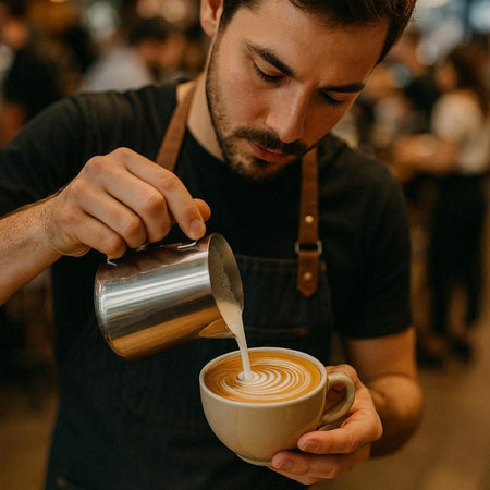 Barista pouring milk into a cup of latte art coffee.