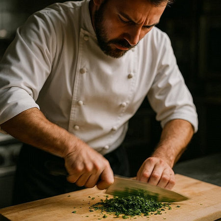 chef in white uniform cutting parsley on wooden board in kitchen