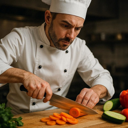 Chef Cutting Vegetables On Chopping Board. Portrait Of Male Chef Cutting Vegetables On Kitchen.