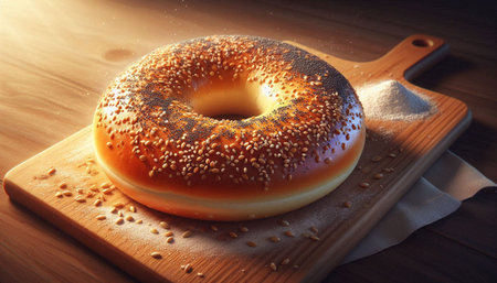 Freshly baked bagel with sesame seeds on a wooden board