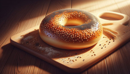 Bagel with poppy seeds on a wooden board. 3d rendering