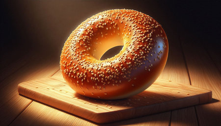 Bagel with sesame seeds on a wooden board. 3d rendering