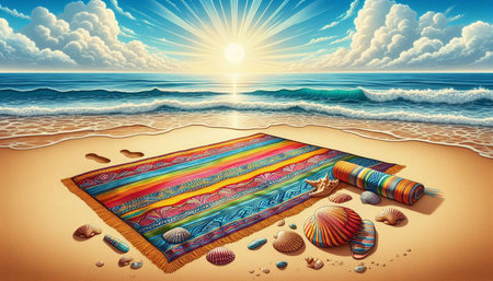 Colorful rug on the beach at sunset. 3d illustration.