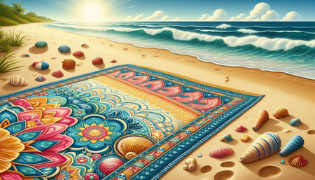 Beautiful colorful carpet on the beach. 3d render illustration.
