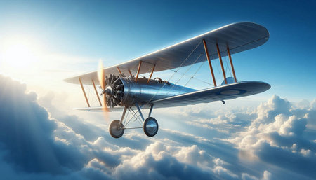 3D rendering of a biplane flying in the blue sky.