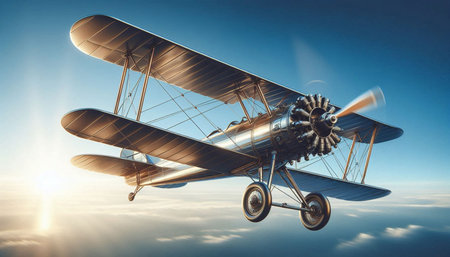 Old airplane flying high in the sky. 3d rendered illustration.