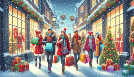 Group of friends with shopping bags in a snowy winter street. 3D rendering.