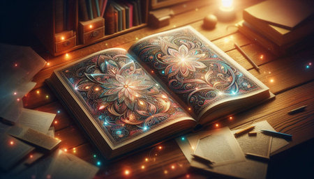 Open magic book on wooden table with fairy lights in the background.