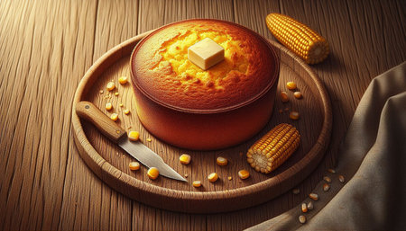 Corn cake with butter and corn on a wooden board. 3d illustration