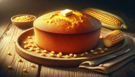 Corn cake with butter and corn on the table. Toned.