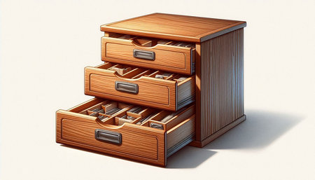 wooden filing cabinet with drawers on white background - 3d illustration