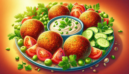 Fried falafel balls with tomato, cucumber and parsley on a plate.