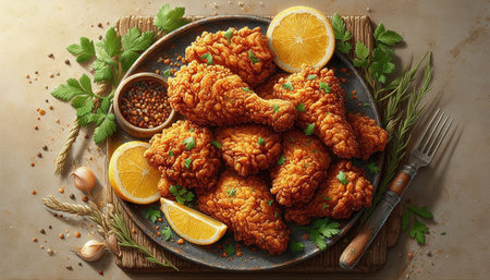 Crispy fried chicken drumsticks with lemon and parsley on a plate