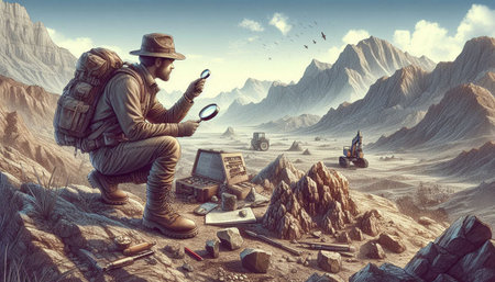 Fantasy landscape with a man looking through a magnifying glass.