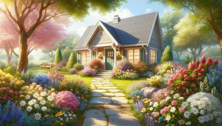 3D render of beautiful house in the garden with blooming flowers