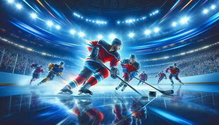Ice hockey players on the ice in action. 3D rendering.