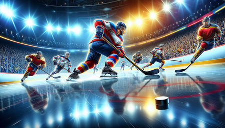 Ice hockey players in action on the ice. 3D rendering.
