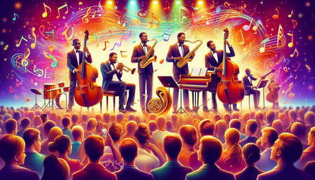 Musical group with music instruments performing on stage. Concert concept.