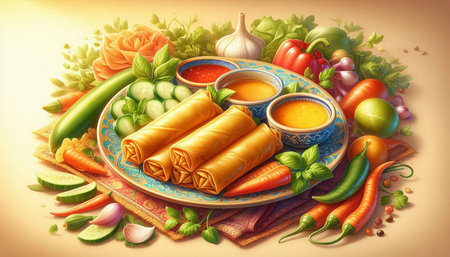 Crispy spring rolls with sweet and sour sauce on vintage background