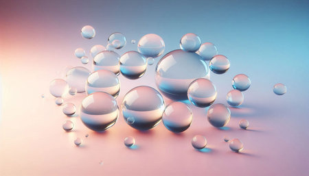Transparent water drops on colorful background. 3d render illustration.