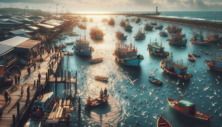 Fishing boats in the sea at sunset. Aerial view of fishing boats in the sea.