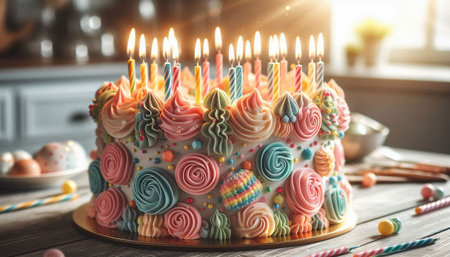 Birthday cake with candles on a wooden table. Selective focus.