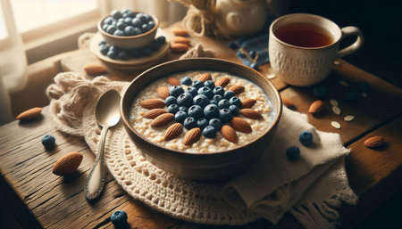 Oatmeal porridge with blueberries and almonds on rustic wooden background