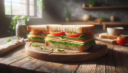 Delicious sandwiches on cutting board on table in kitchen, closeup