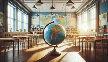 School classroom interior with globe. Education and science concept. 3D Rendering